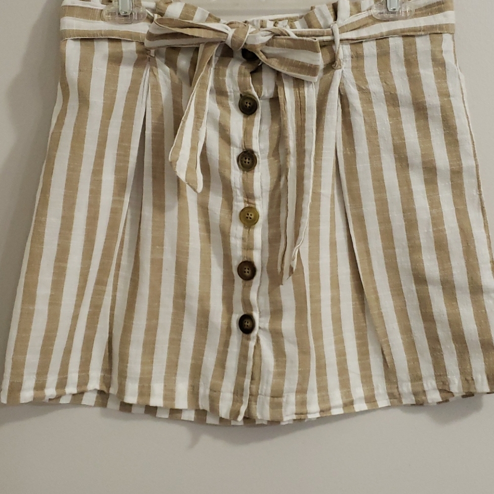 Tan and white striped linen skirt